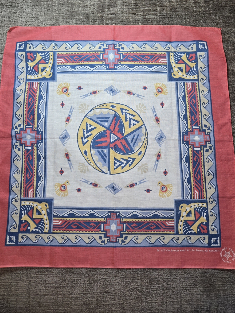 Vintage Wamcraft 90s Bandana Red Border Southwestern Aztec Pattern